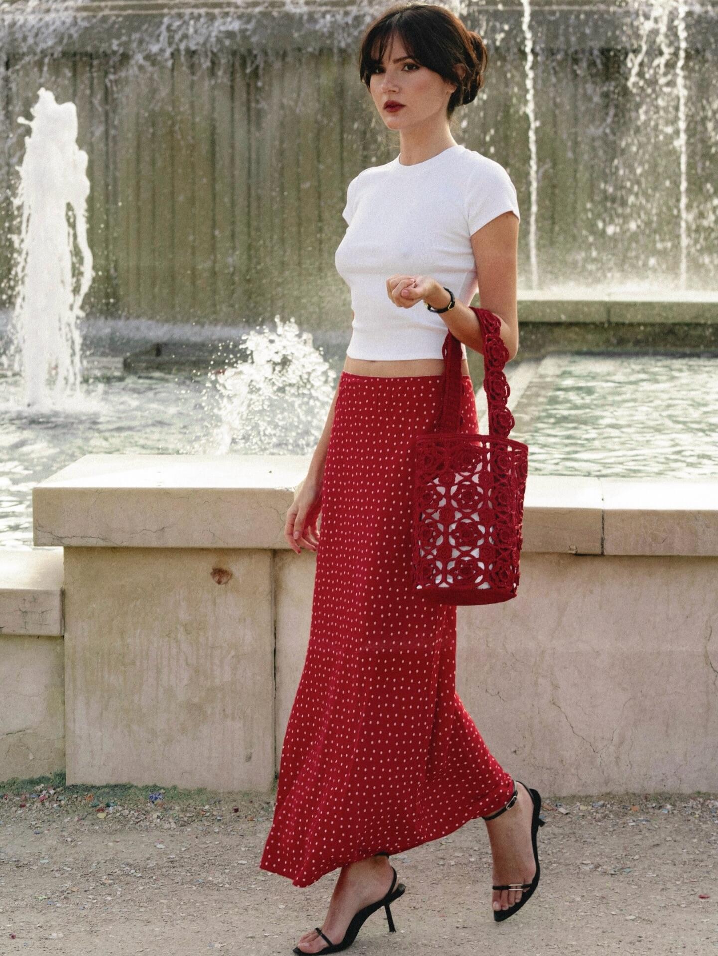 polka dot date night outfit red midi skirt