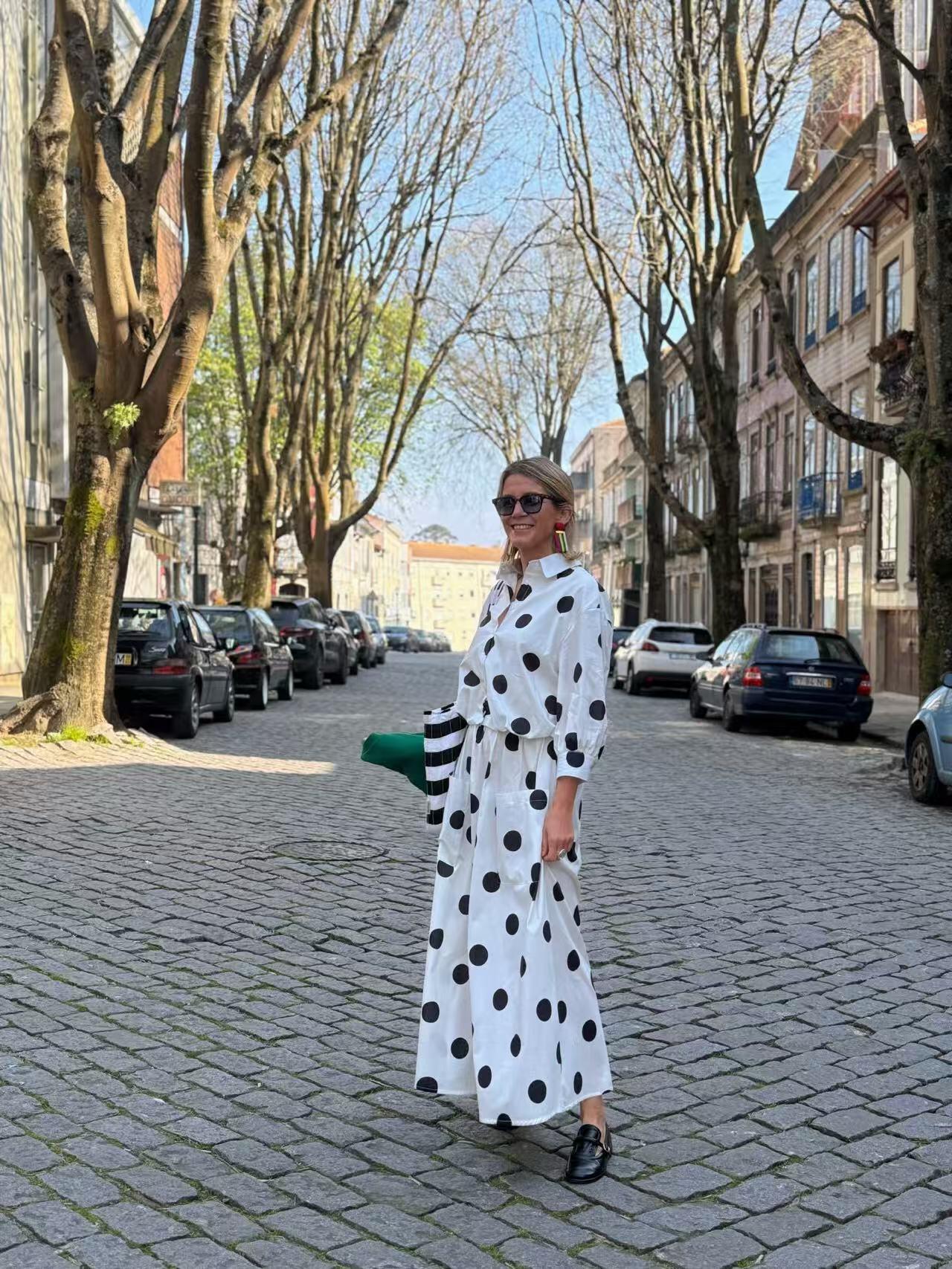 polka dot shirt dress street style