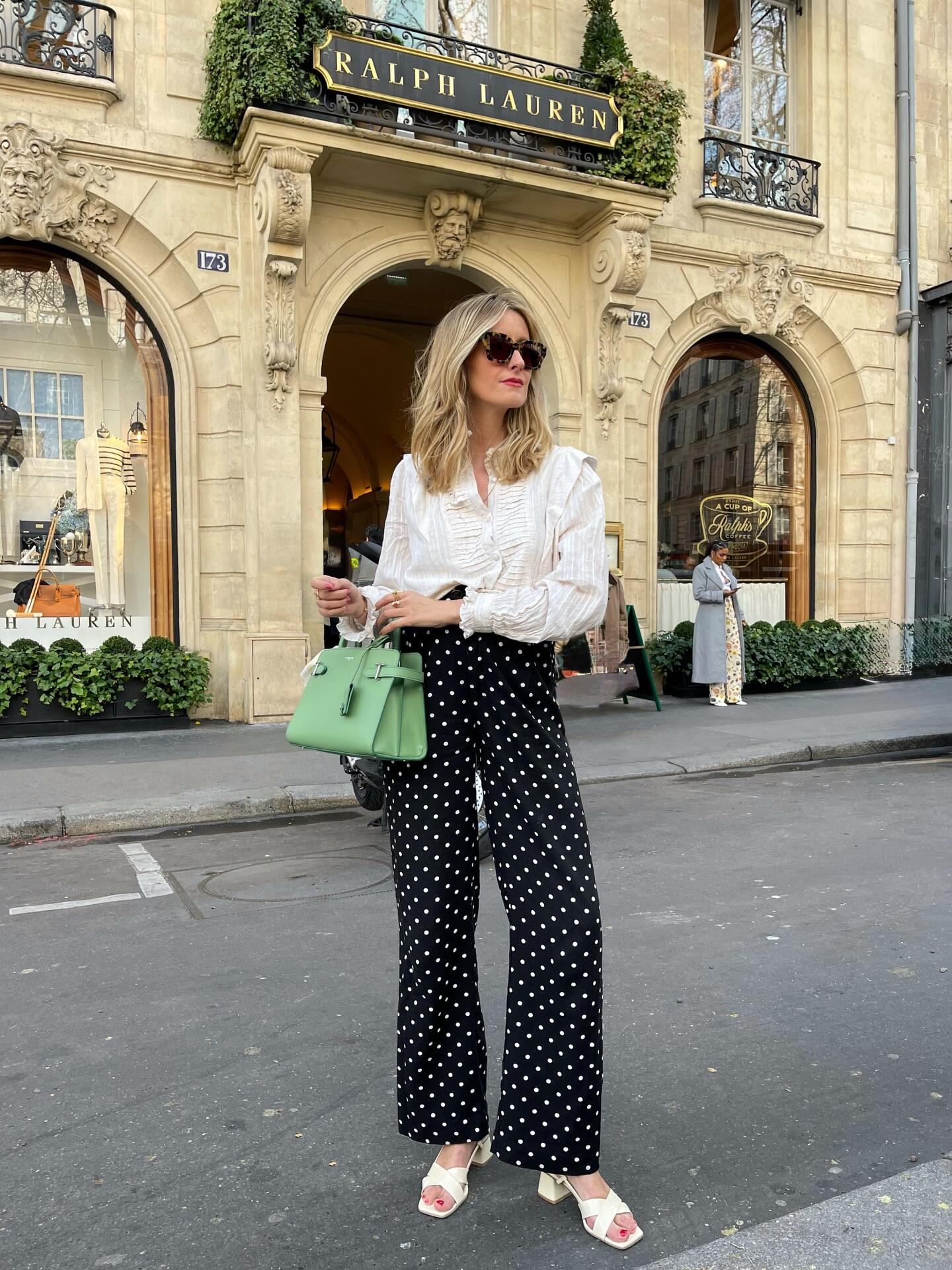 polka dot work outfit wide leg pants blouse