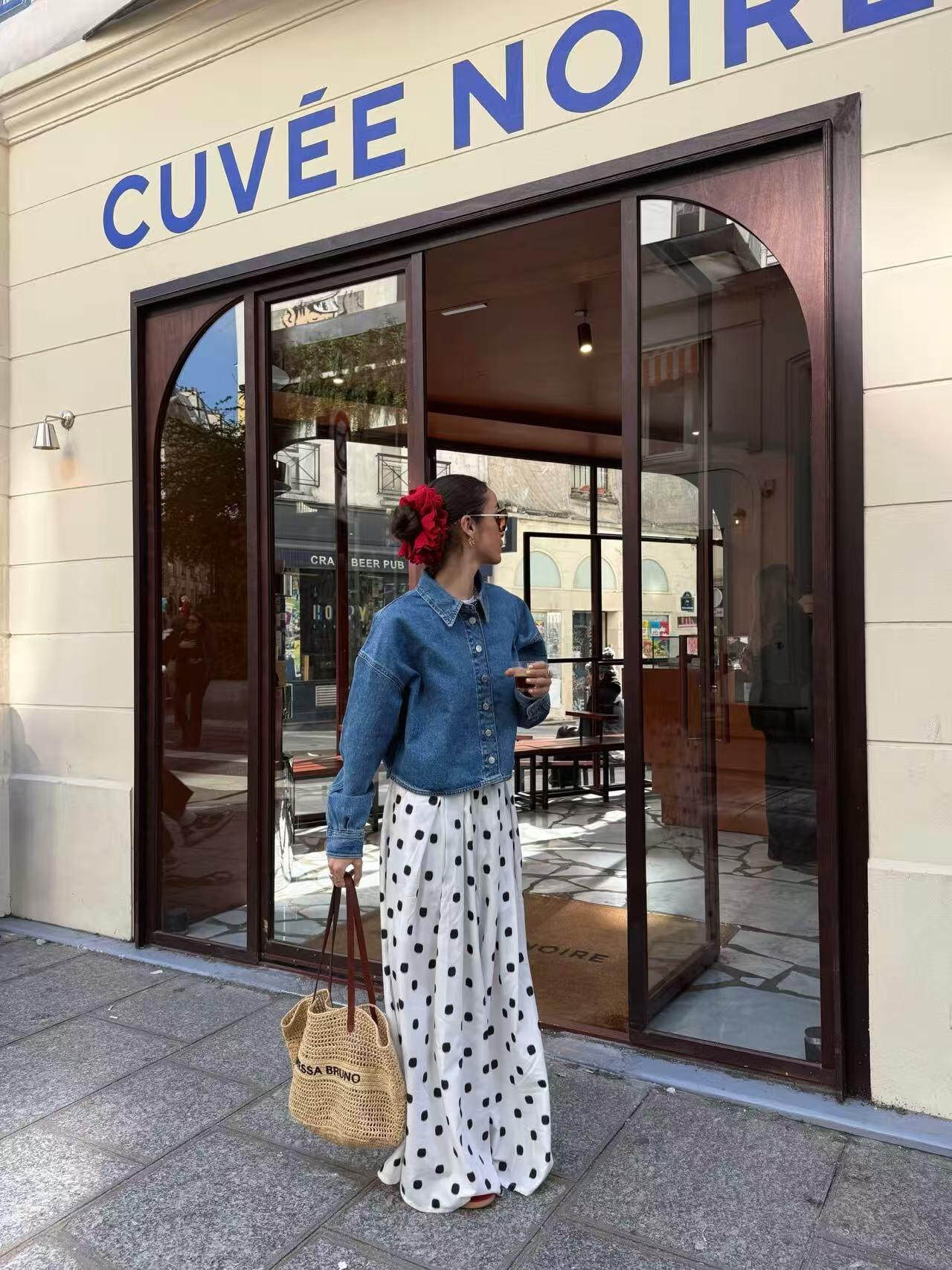 casual polka dot outfit denim jacket maxi skirt