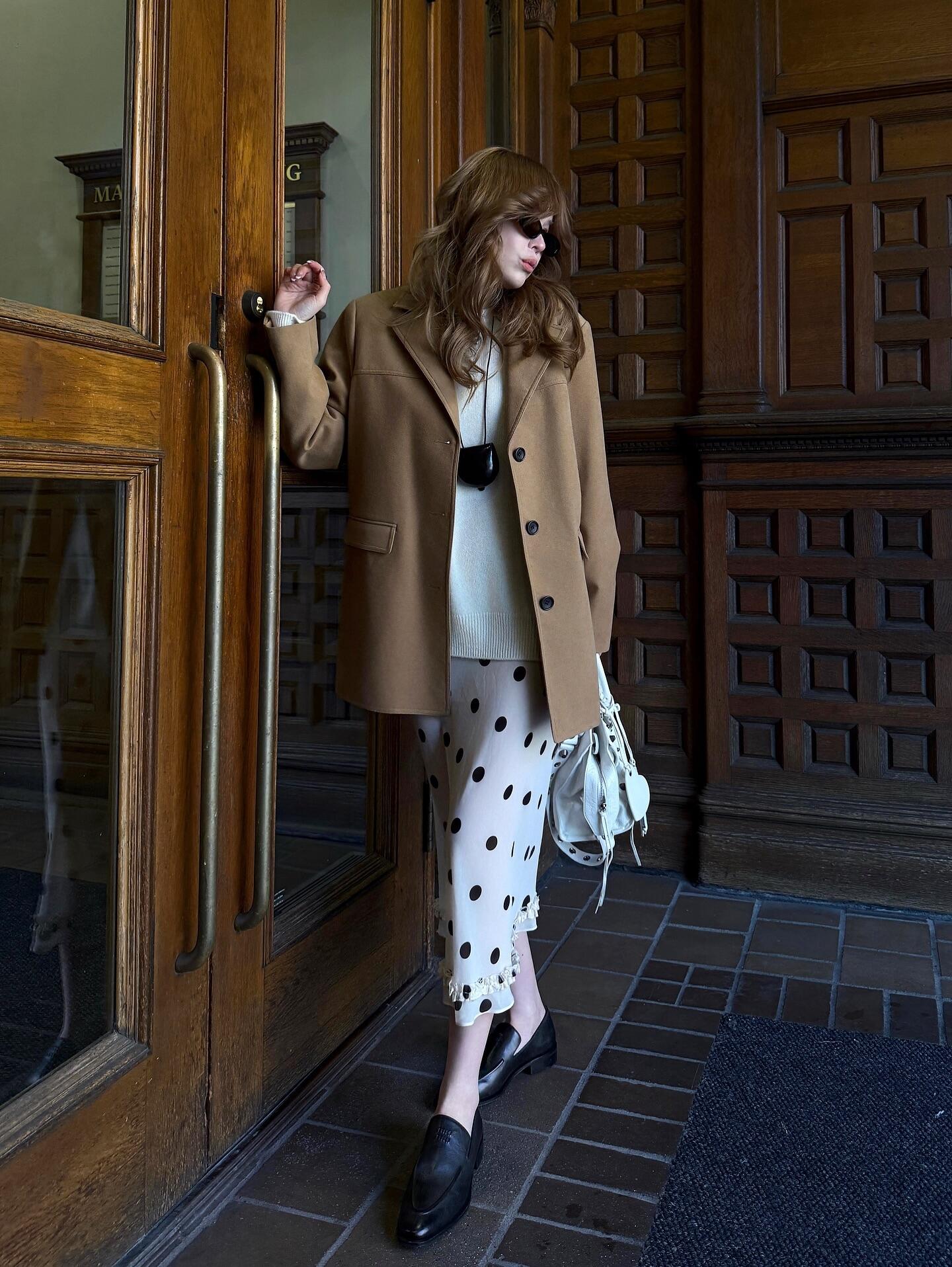 polka dot midi skirt outfit with blazer
