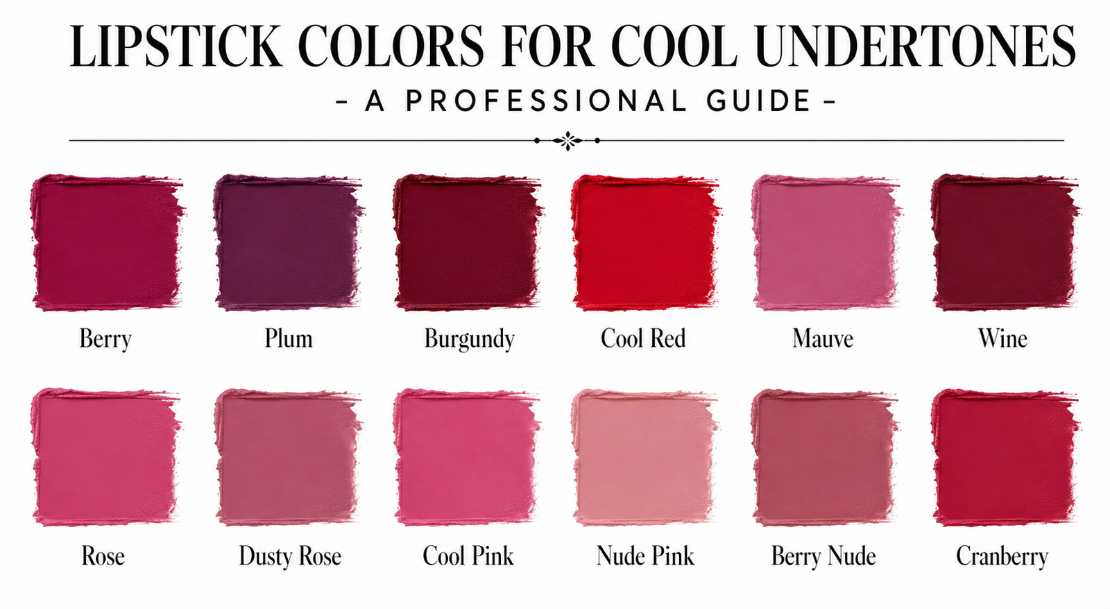 Lipstick colors for cool undertones: berry, plum, burgundy, cool red, mauve, wine, rose, dusty rose, cool pink, nude pink, berry nude, cranberry