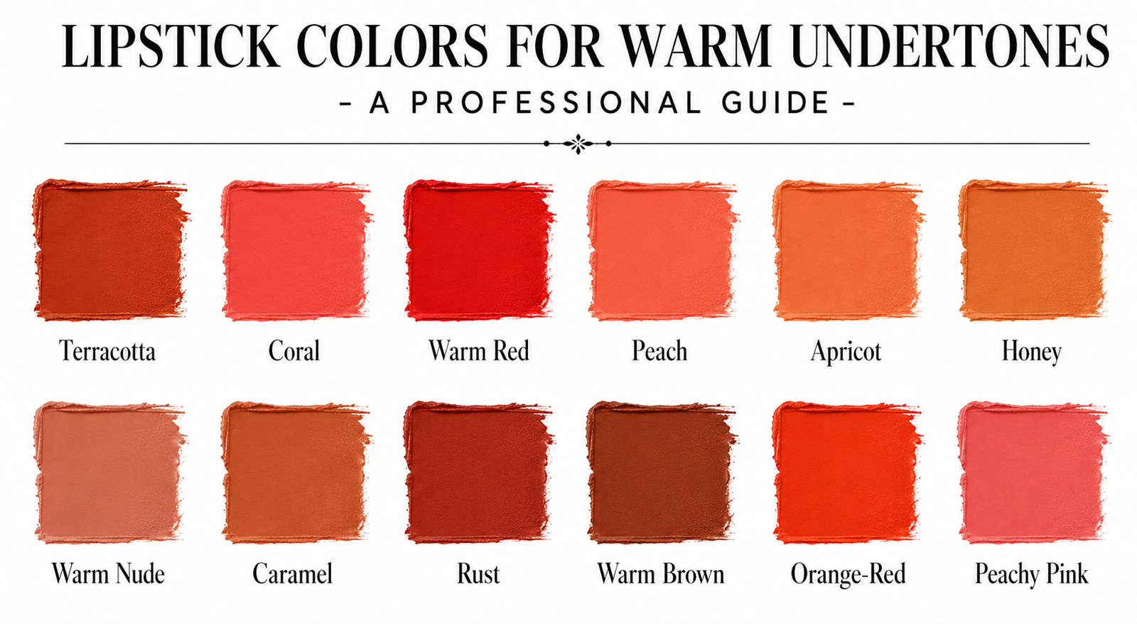 Lipstick colors for warm undertones: terracotta, coral, warm red, peach, apricot, honey, warm nude, caramel, rust, warm brown, orange-red, peachy pink