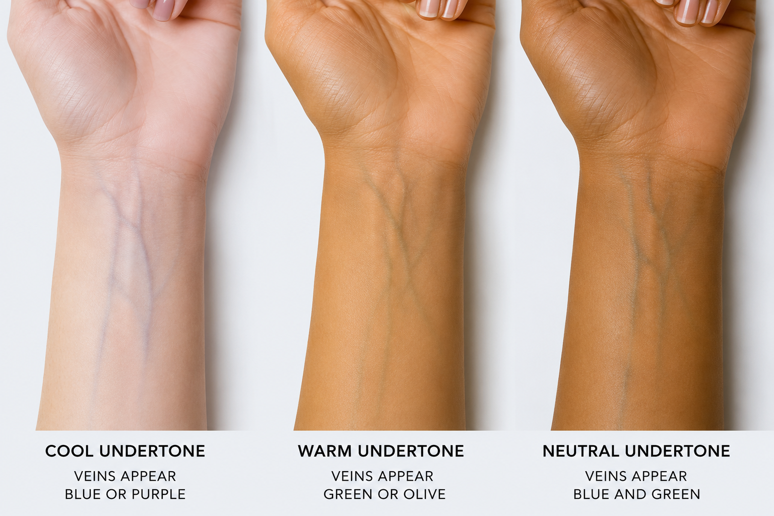 Undertone vein comparison: cool blue/purple, warm green, neutral mixed