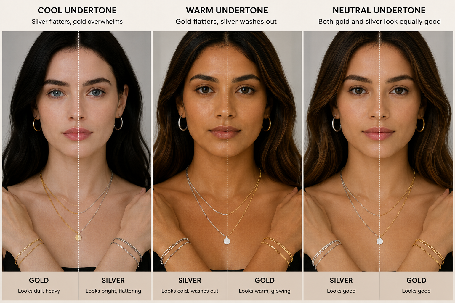 Gold vs silver jewelry on cool undertone skin comparison