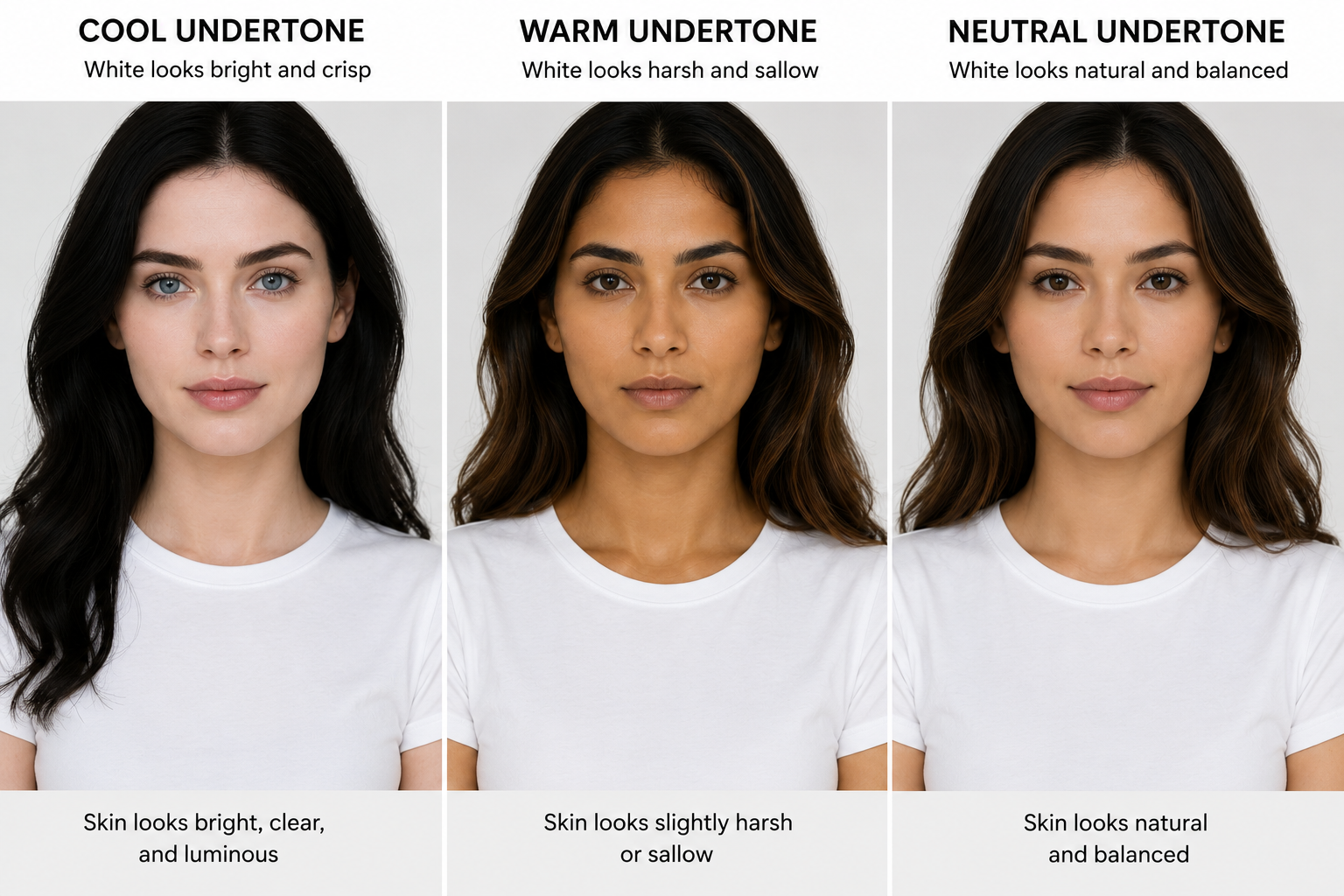 White t-shirt comparison: cool undertone bright and fresh, warm undertone soft and golden