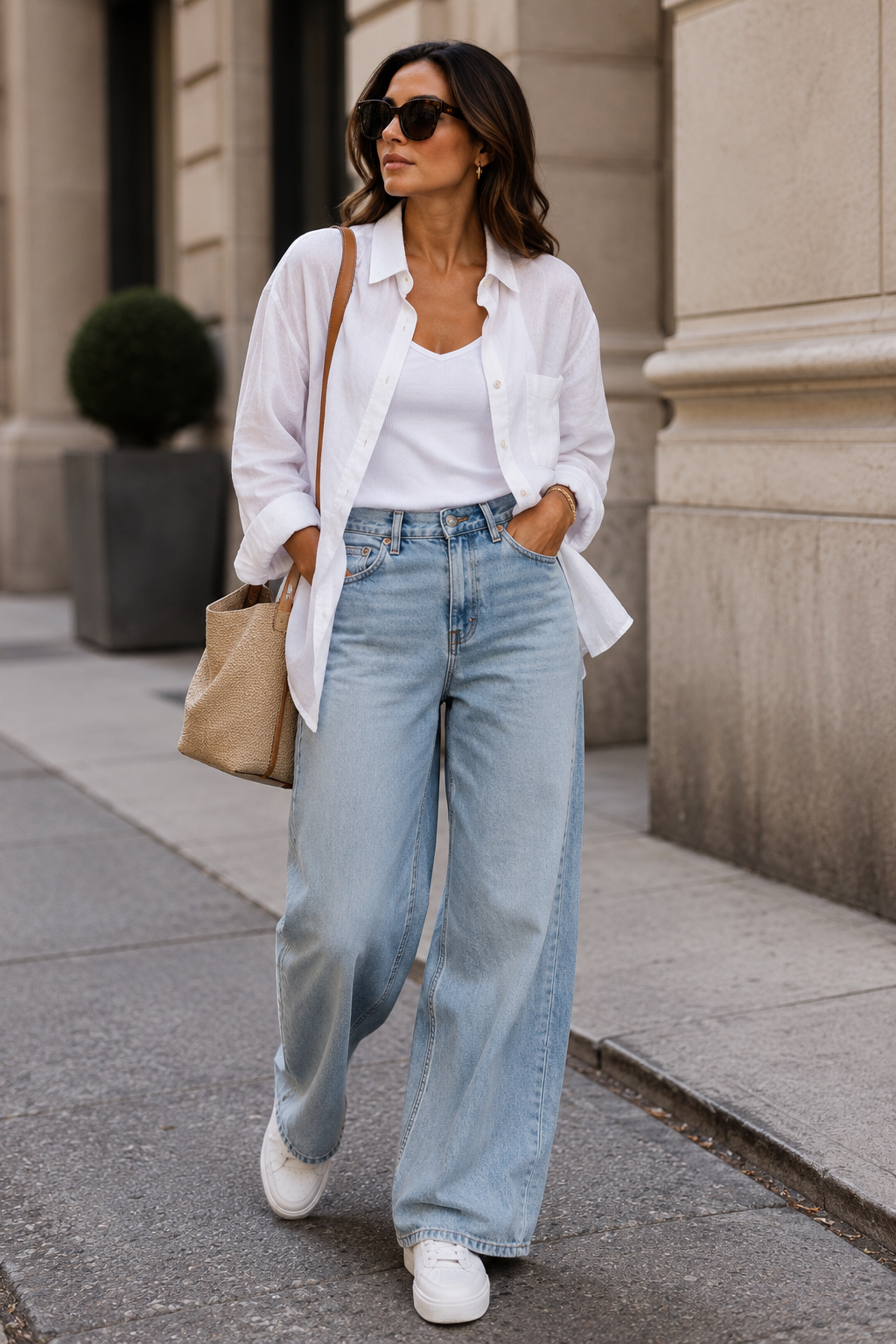 Woman wearing white oversized linen shirt over white tank with light blue jeans and white sneakers on city street