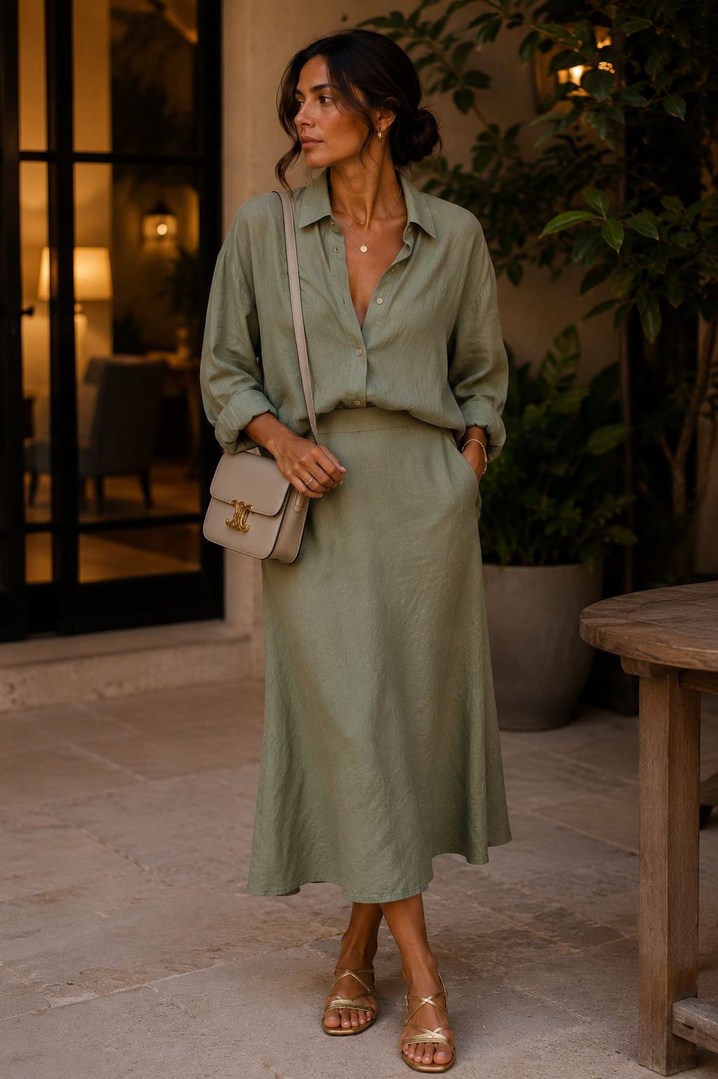 Woman wearing sage green oversized linen shirt with matching midi linen skirt, small crossbody bag, evening setting with warm lighting