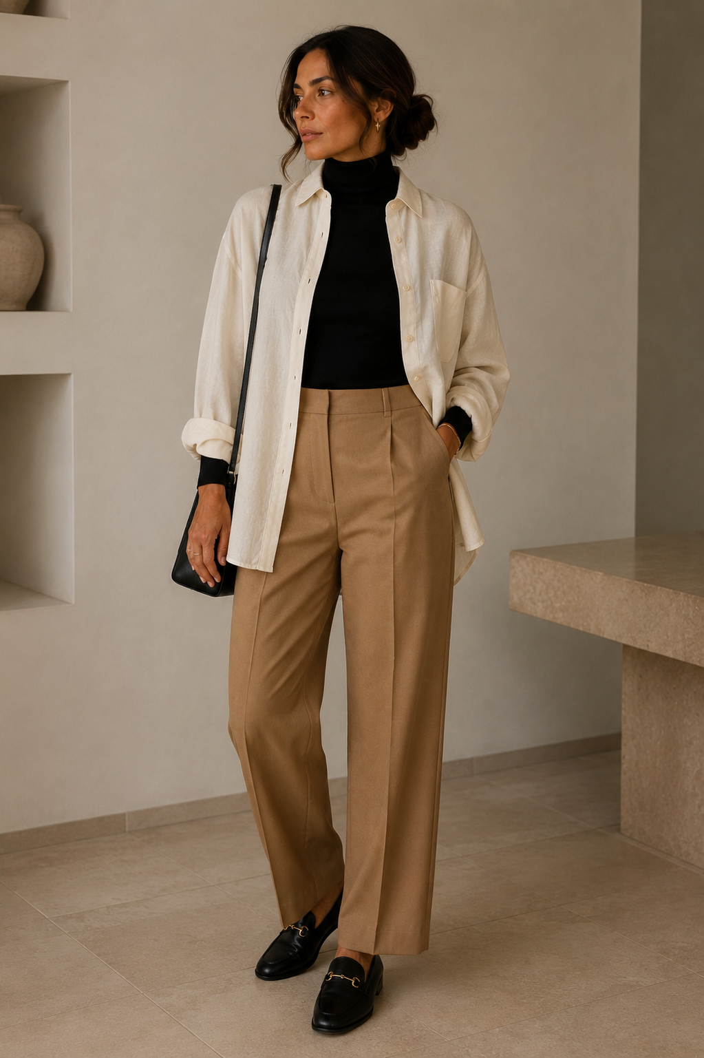 Woman wearing cream oversized linen shirt over black turtleneck with camel tailored trousers and black loafers in minimalist interior setting