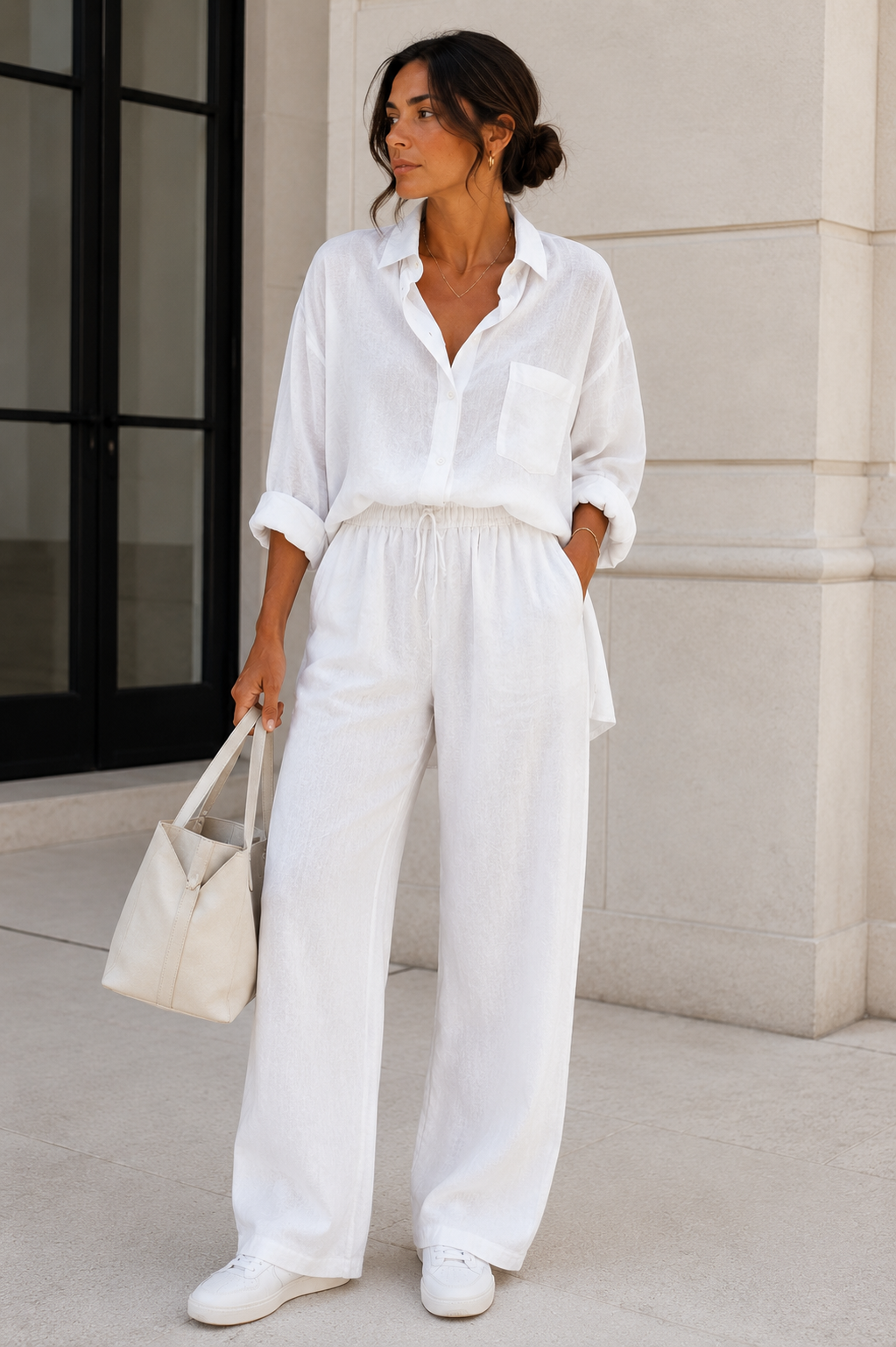 Woman wearing cream oversized linen shirt with cream linen wide-leg pants and white sneakers in minimalist setting with natural light