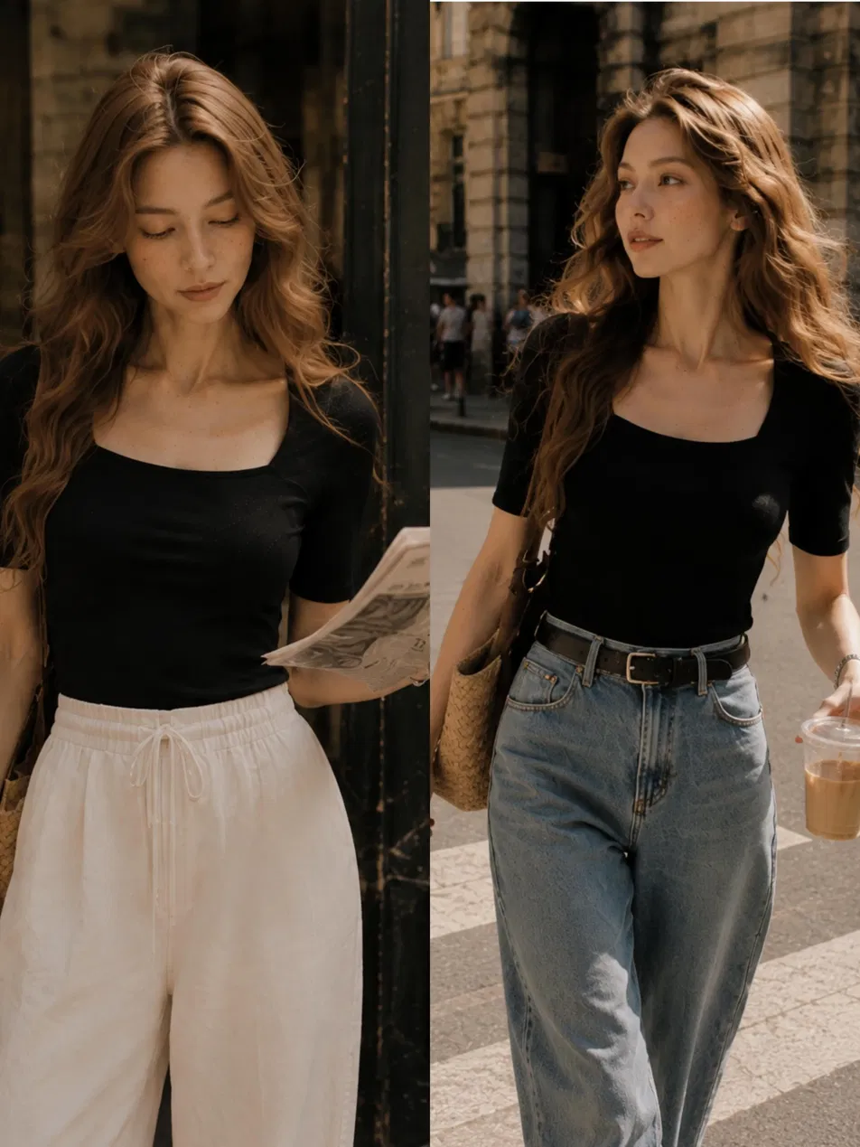 Two looks with black tee: one paired with cream wide-leg pants, one with blue jeans