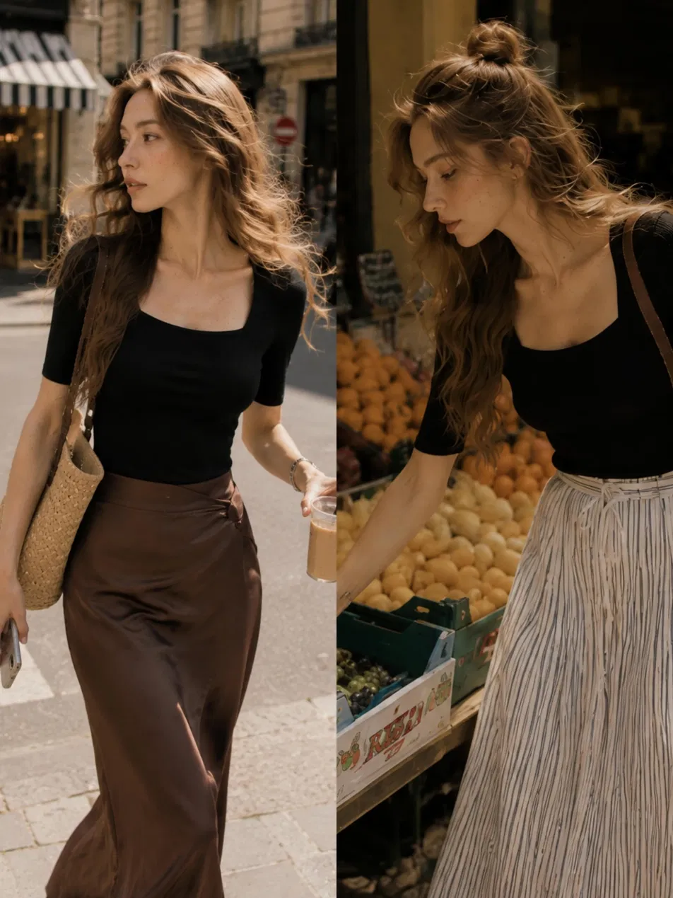 Two looks with black tee: one with brown leather pants and woven bag, one with gray pleated pants