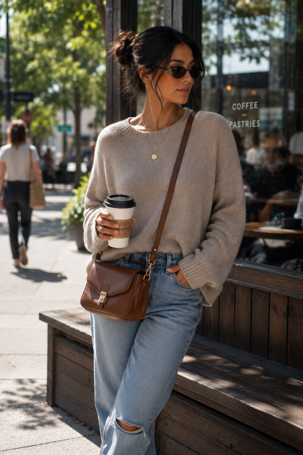Woman wearing medium brown crossbody bag with casual sweater and ripped jeans on city street