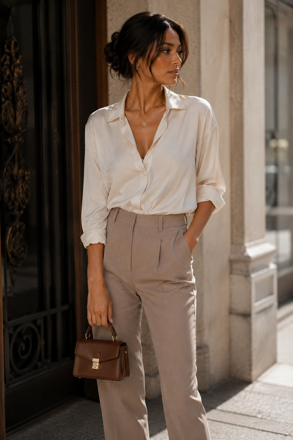 Woman carrying small brown top-handle bag with white shirt and beige tailored trousers in elegant setting