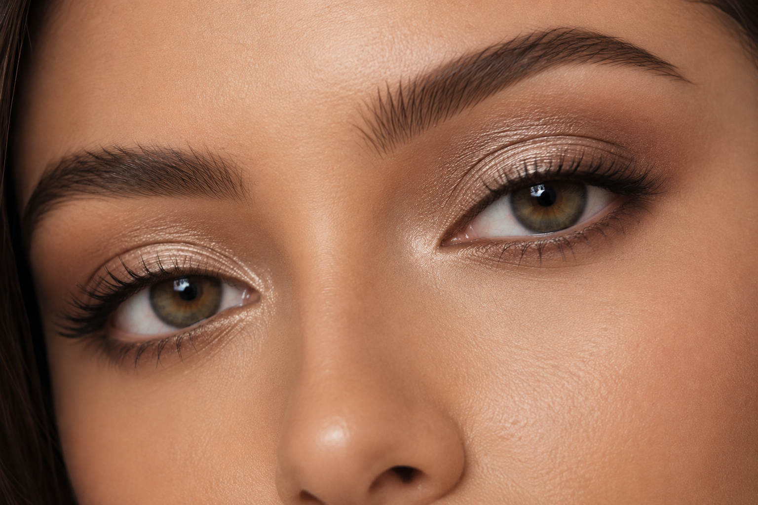 Woman with warm undertone wearing soft warm brown and taupe eyeshadow, demonstrating neutral warm eye makeup look