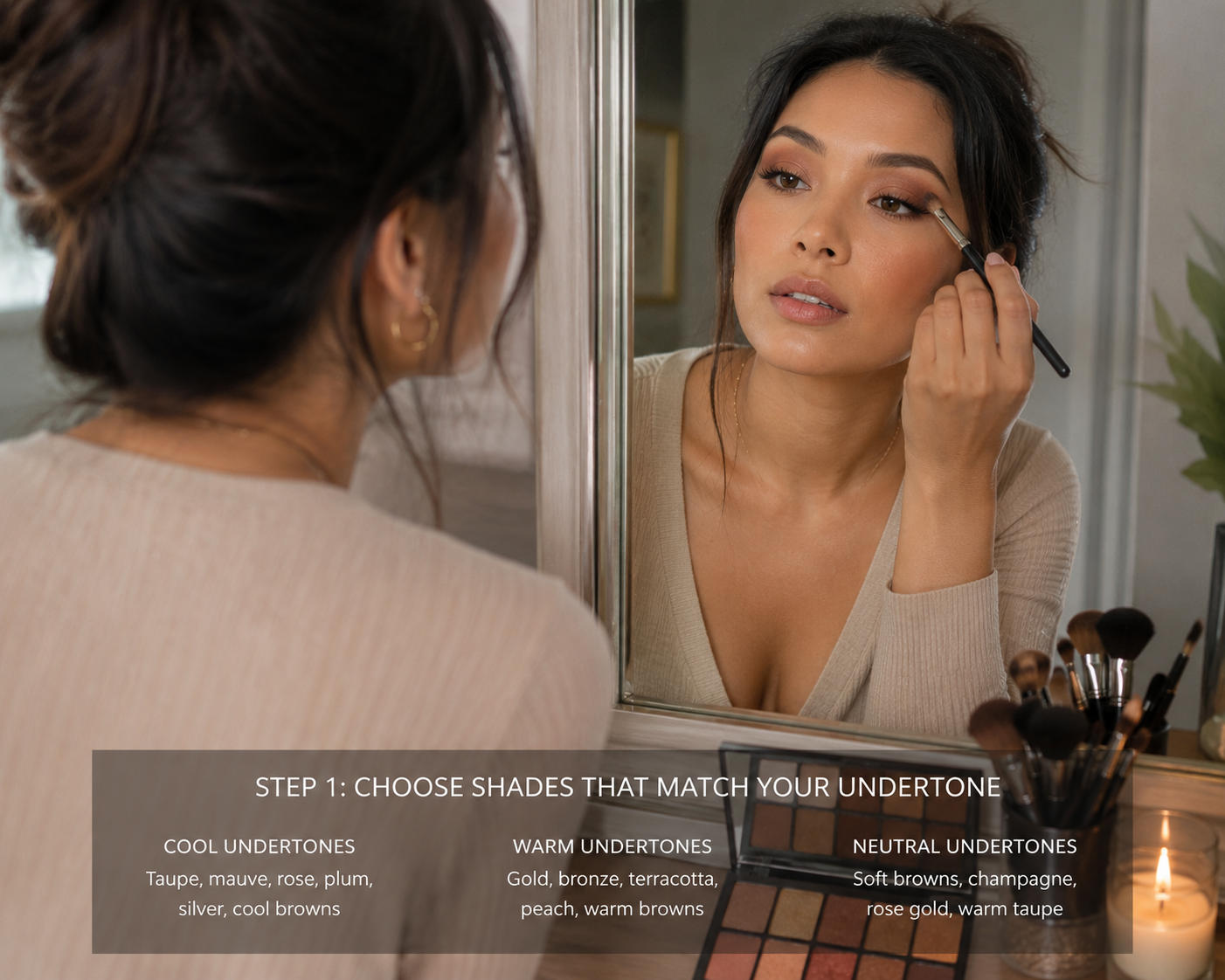 Woman applying eyeshadow in mirror with undertone color recommendations displayed, showing cool undertones: taupe/mauve/rose/plum/silver/cool browns, warm undertones: gold/bronze/terracotta/peach/warm browns, neutral undertones: soft browns/champagne/rose gold/warm taupe