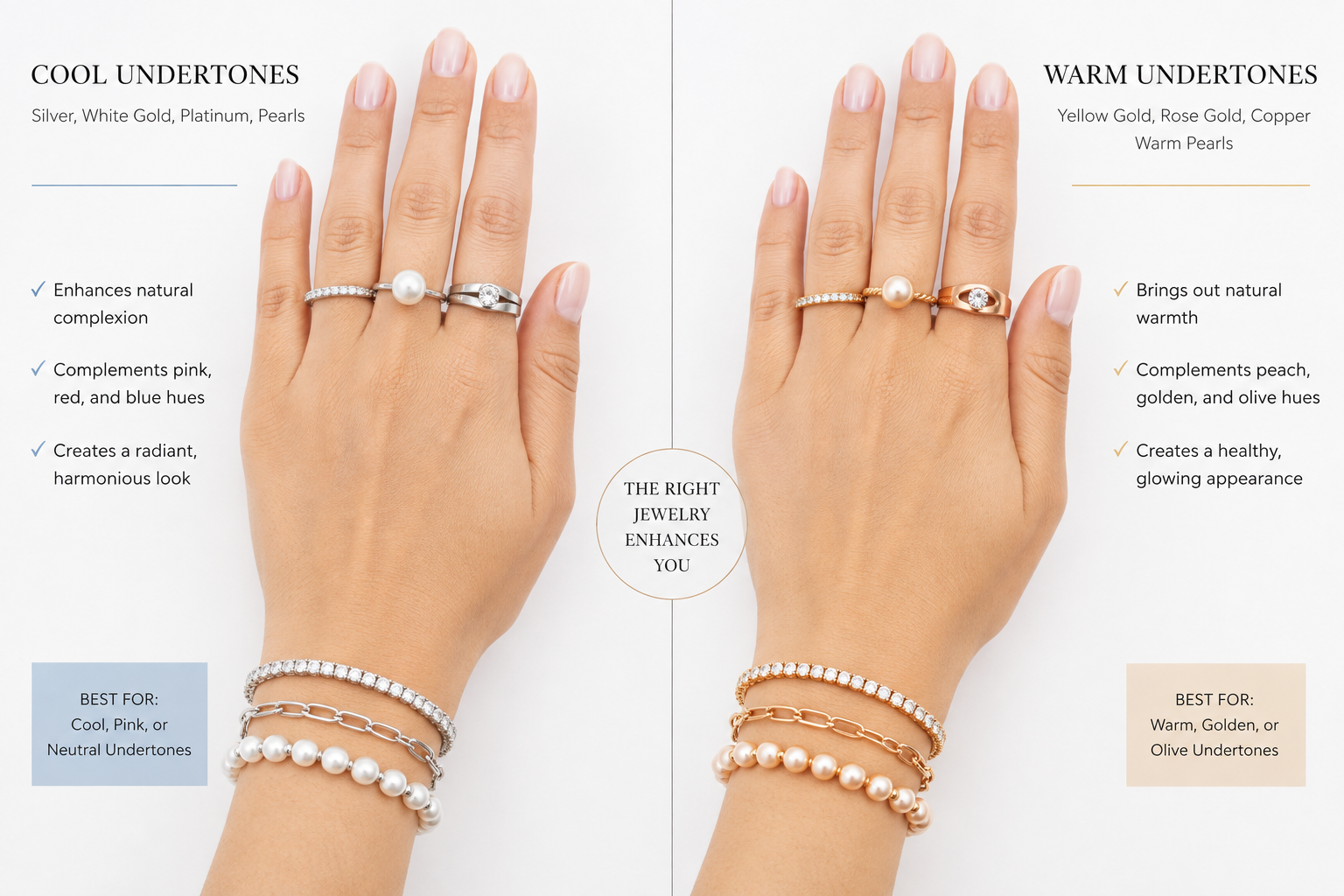 Side-by-side comparison of cool undertone and warm undertone skin wearing coordinated jewelry, demonstrating how undertone affects jewelry color choices