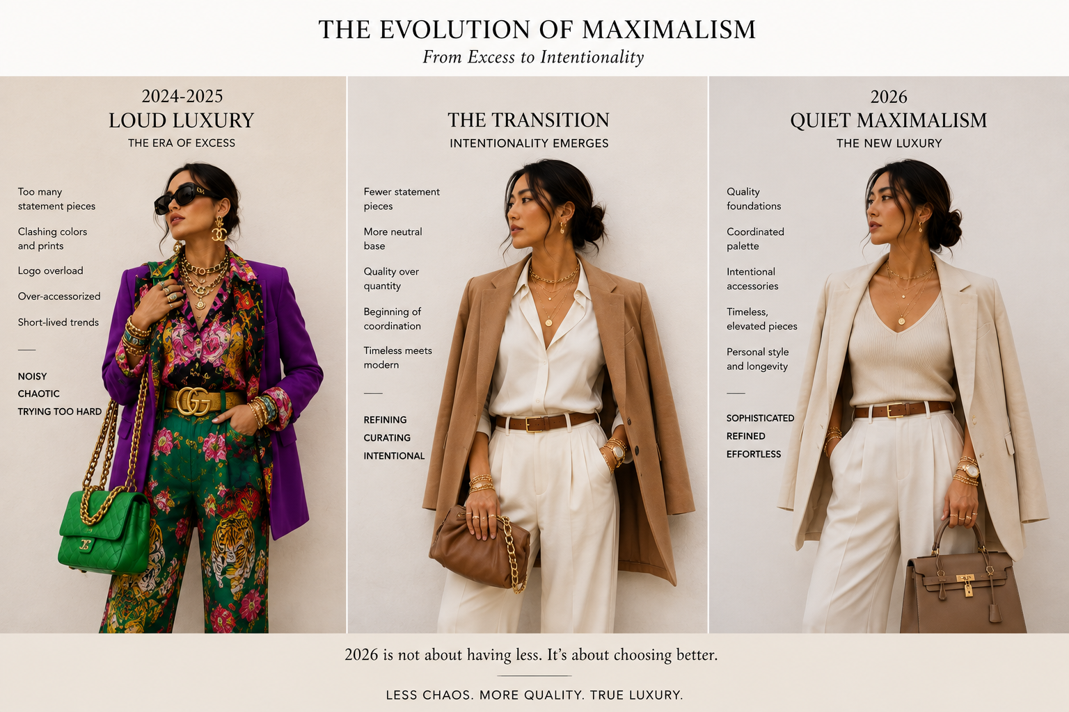 Timeline of fashion evolution from loud luxury to quiet maximalism