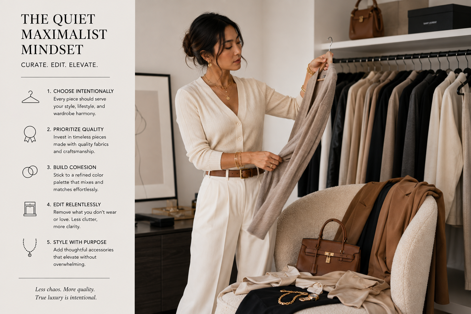 Woman curating wardrobe with intention