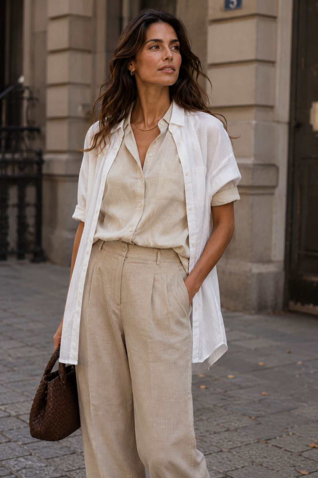 Woman wearing short-sleeved beige linen shirt layered over long-sleeved white shirt, with cream tailored trousers