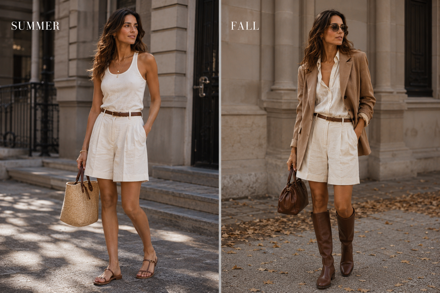 Side-by-side comparison showing same woman in white summer look with sandals on left, and fall look with brown blazer and boots on right