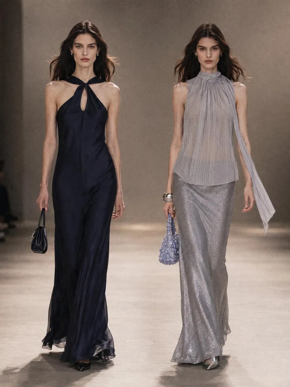Two specialized neckline details: left shows halter-neck black evening gown with minimal accessories, right shows draped lilac evening gown with hanging fabric detail