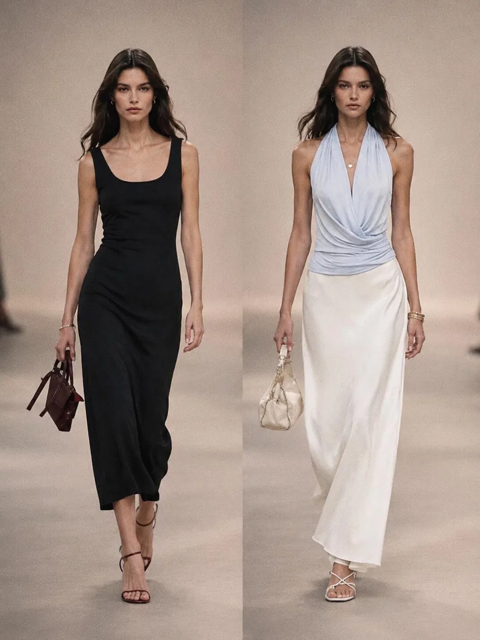 Two elegant evening looks side by side: left shows black sleeveless dress with structured shape, right shows white draped evening gown