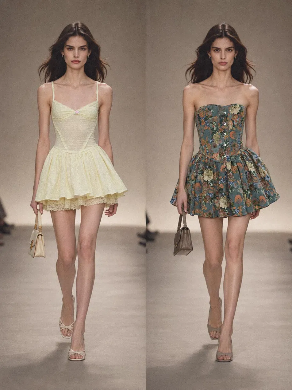 Two contrasting silhouettes: left shows fitted mini dress with structured seaming, right shows full-length dress with voluminous gathered skirt