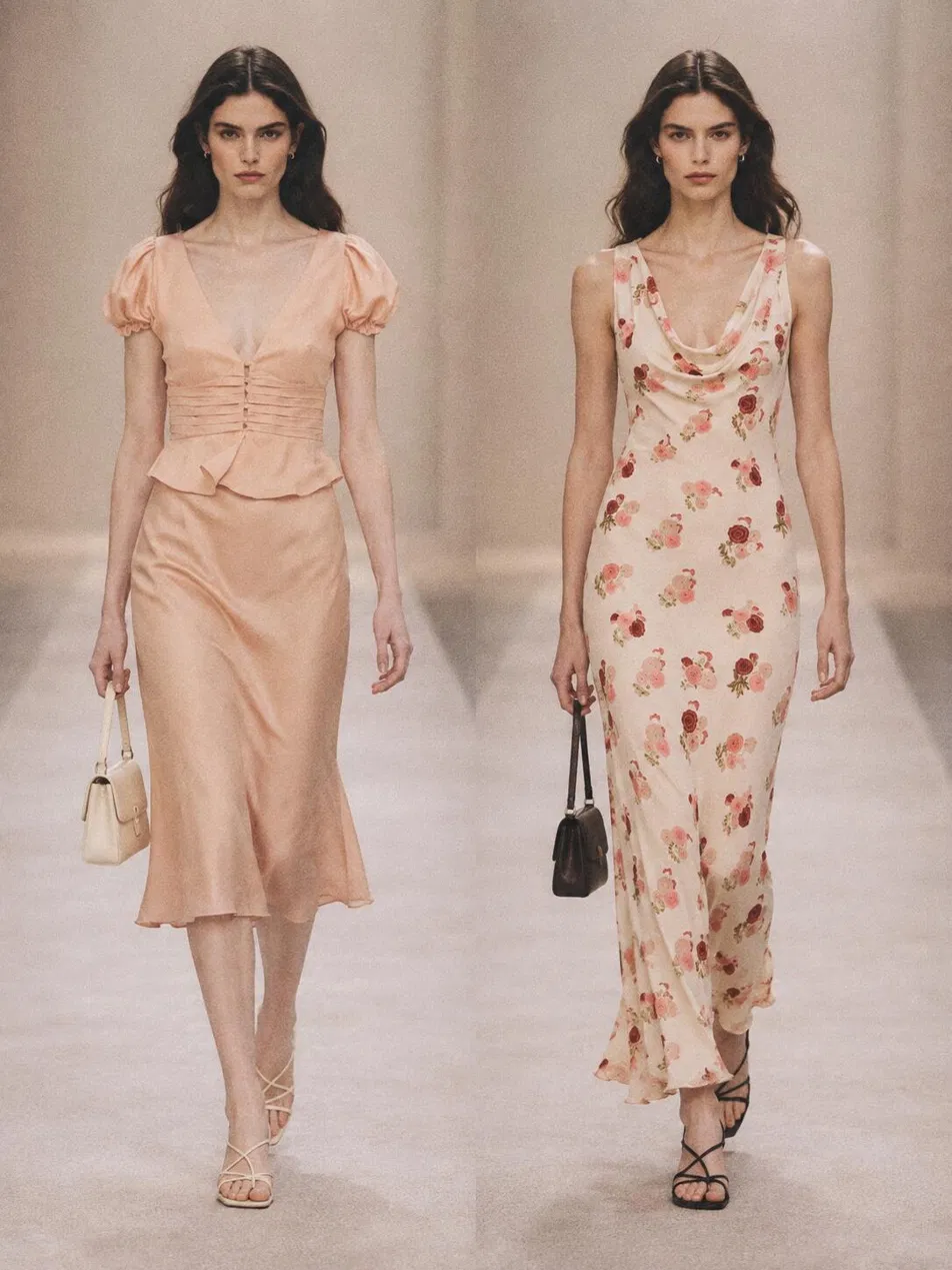 Two floral evening dresses: left shows peach solid dress with ruched bodice, right shows romantic rose-printed floor-length gown with flowing silhouette