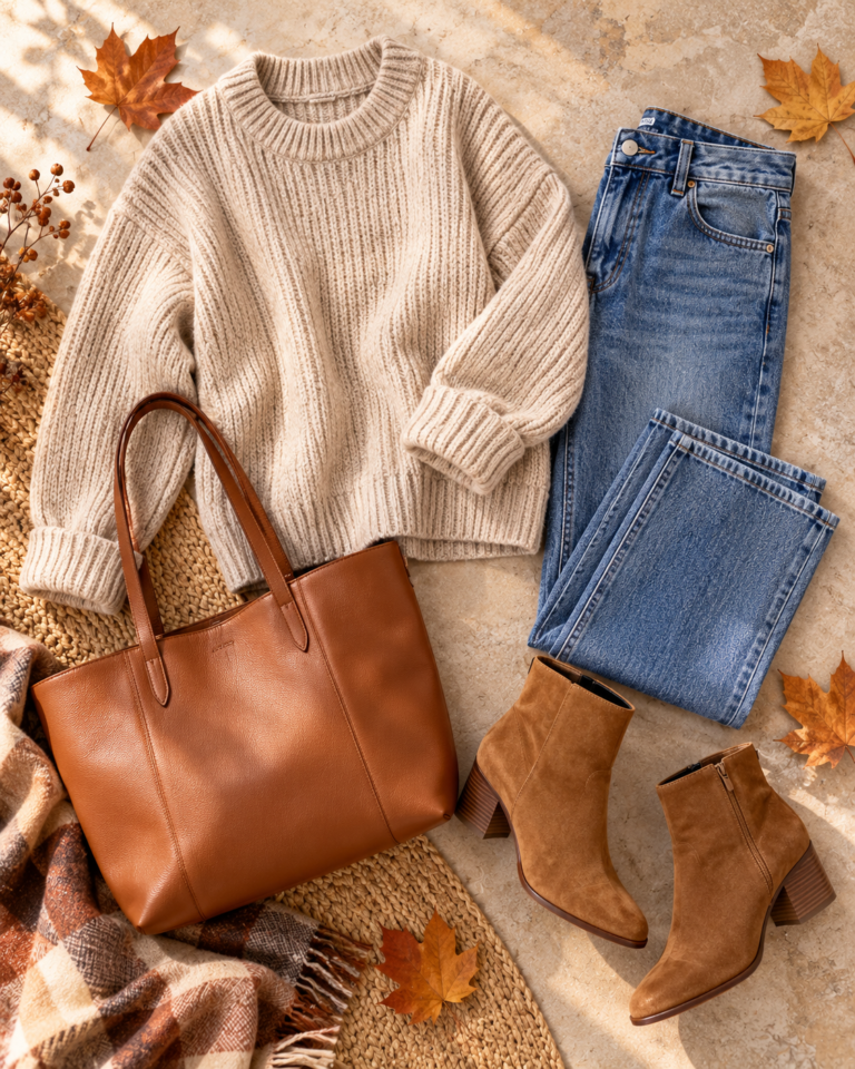 Flat lay of a chunky oatmeal sweater, straight jeans, suede ankle boots and a tan tote
