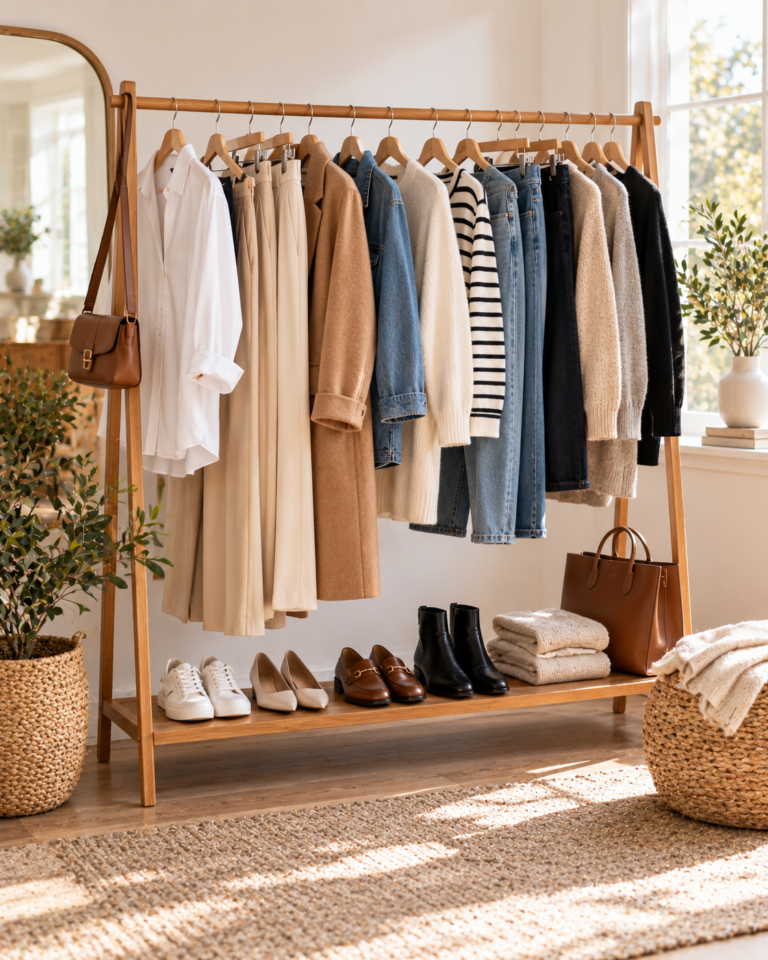 Neutral capsule wardrobe pieces on a minimalist wooden clothing rack