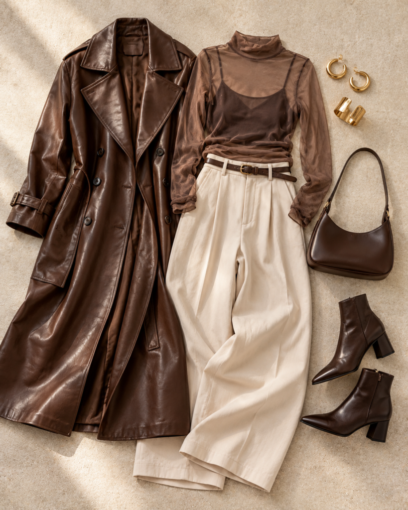 Flat lay of a chocolate brown leather trench coat, sheer top, wide-leg trousers and ankle boots