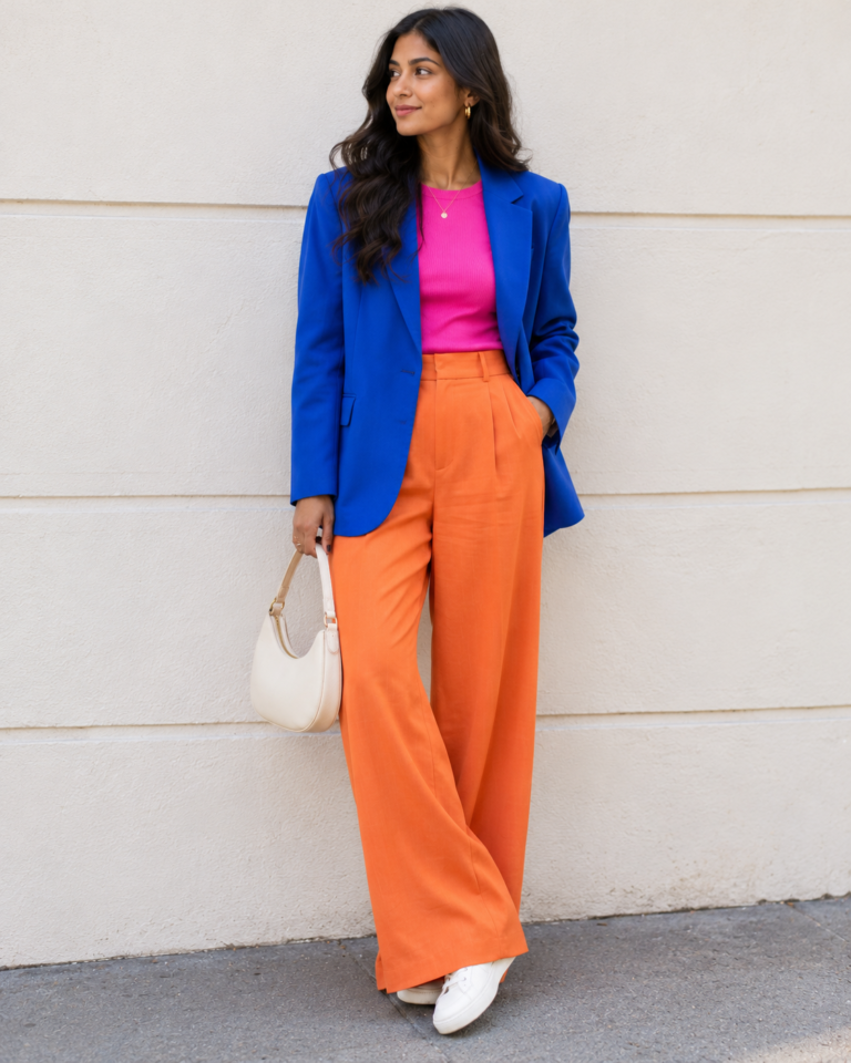 Color blocking outfit with a cobalt blazer, hot pink top and orange wide-leg trousers