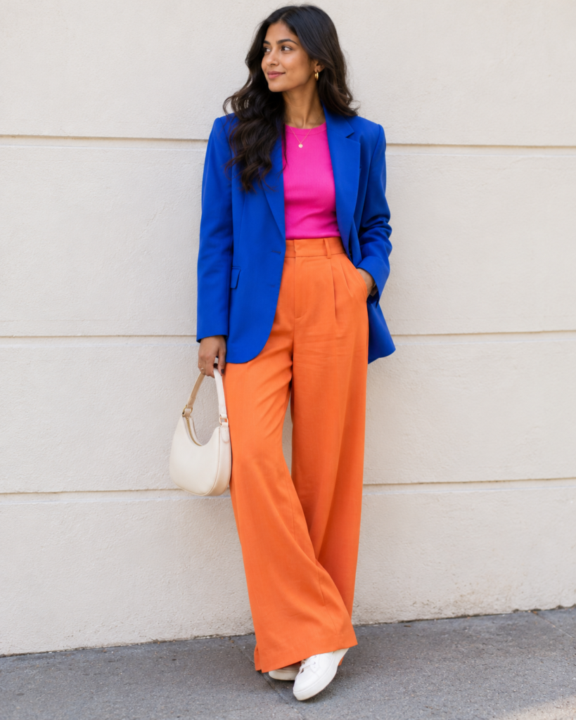 Color blocking outfit with a cobalt blazer, hot pink top and orange wide-leg trousers