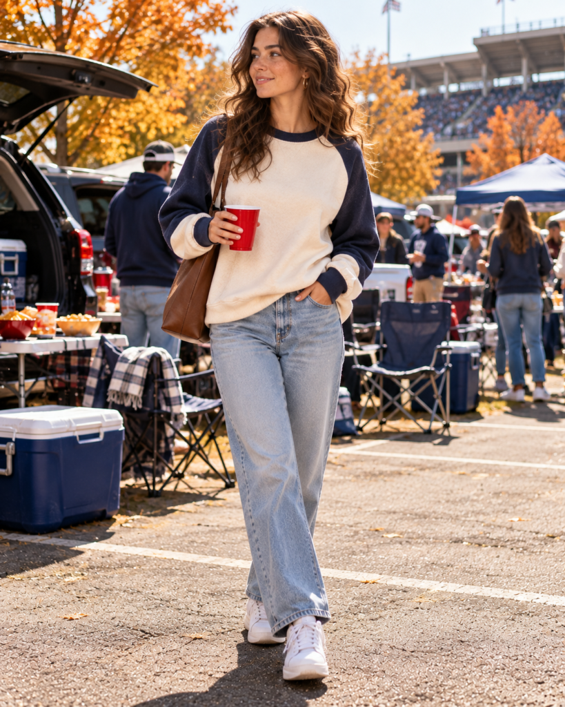 Woman in a varsity-style crewneck, light jeans and white sneakers at a stadium tailgate