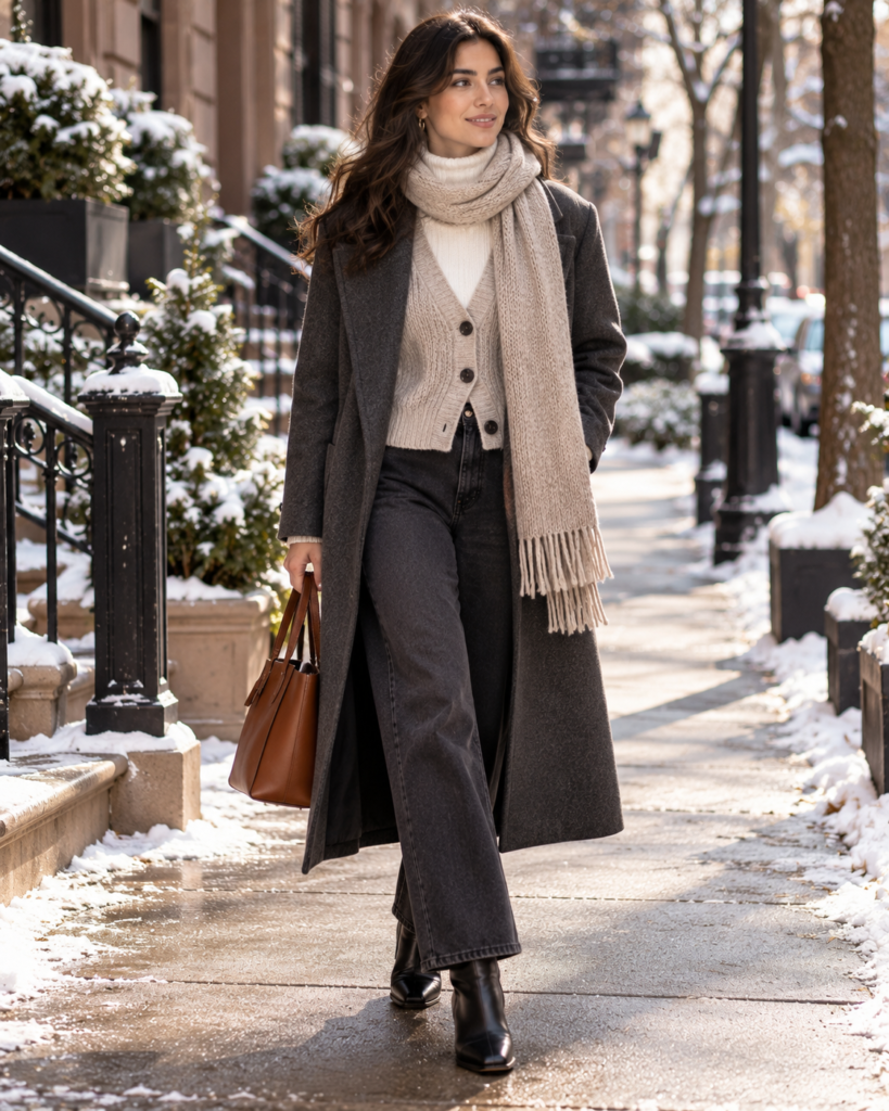 Winter layers with a turtleneck, cropped cardigan, long charcoal coat and knit scarf