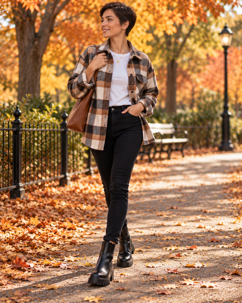 Woman in a plaid flannel shacket, white tee, black leggings and lug-sole boots in an autumn park