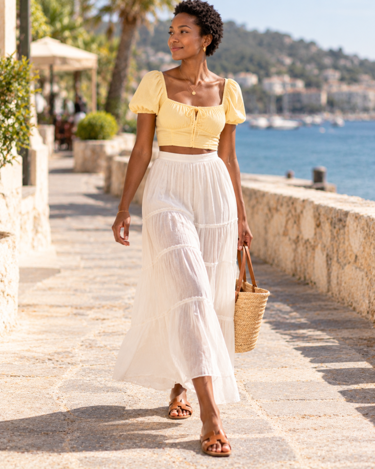 Woman in a butter-yellow crop top and white maxi skirt on a seaside promenade