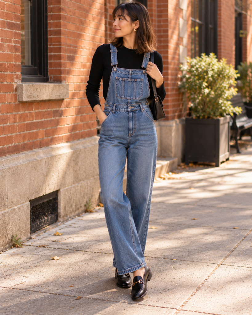 Woman in tailored denim overalls over a black long-sleeve top with loafers