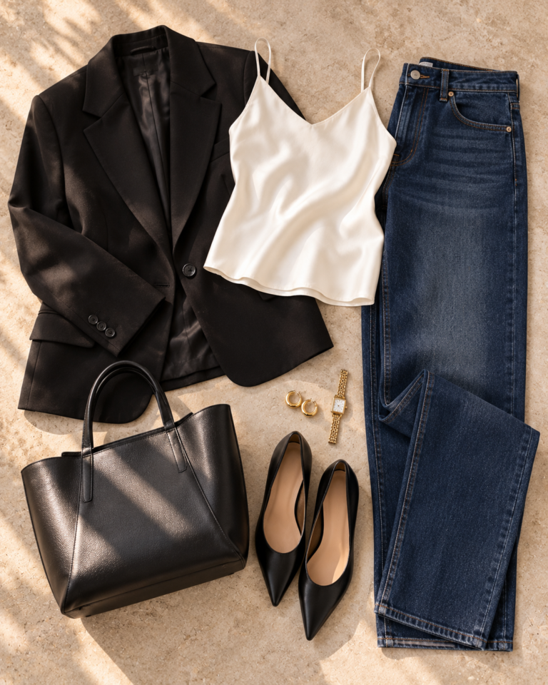 Flat lay of dark straight-leg jeans with a black blazer, white silk camisole and black pumps