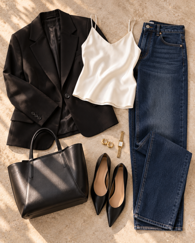 Flat lay of dark straight-leg jeans with a black blazer, white silk camisole and black pumps