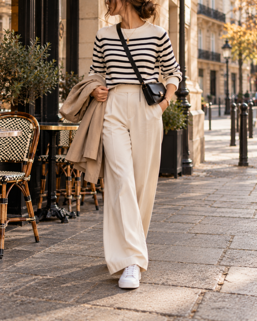 Striped Breton top with cream wide-leg trousers, white sneakers and a black crossbody bag