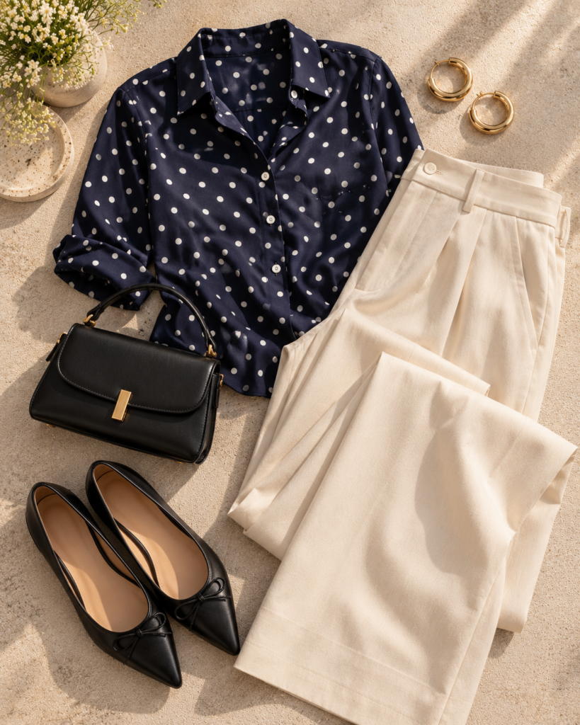 Flat lay of a navy polka dot blouse with cream wide-leg trousers and a black handbag
