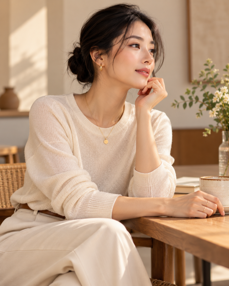 Woman in a cream knit top wearing a single fine gold pendant necklace