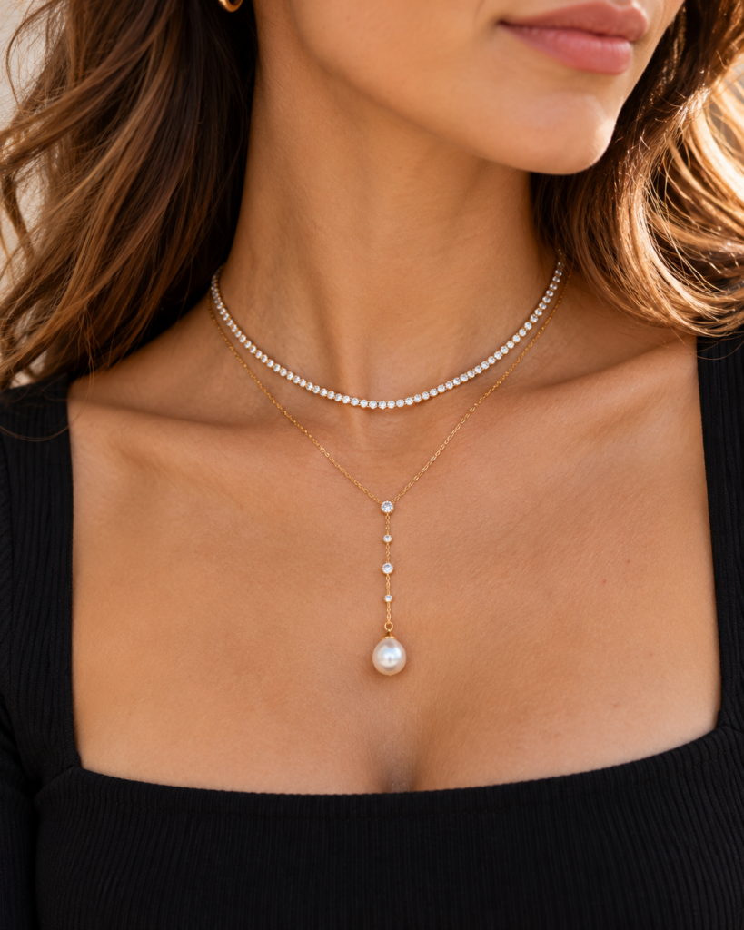 Close-up of a diamond tennis necklace layered with a gold Y-necklace and pearl drop