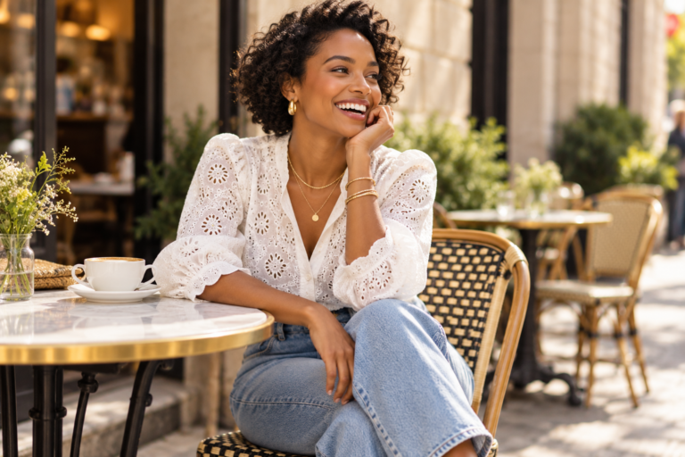 Woman in a white eyelet blouse and straight jeans wearing stacked gold bracelets at a sidewalk café