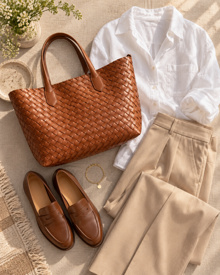 Flat lay of a woven cognac leather tote with a white shirt, beige trousers and brown loafers