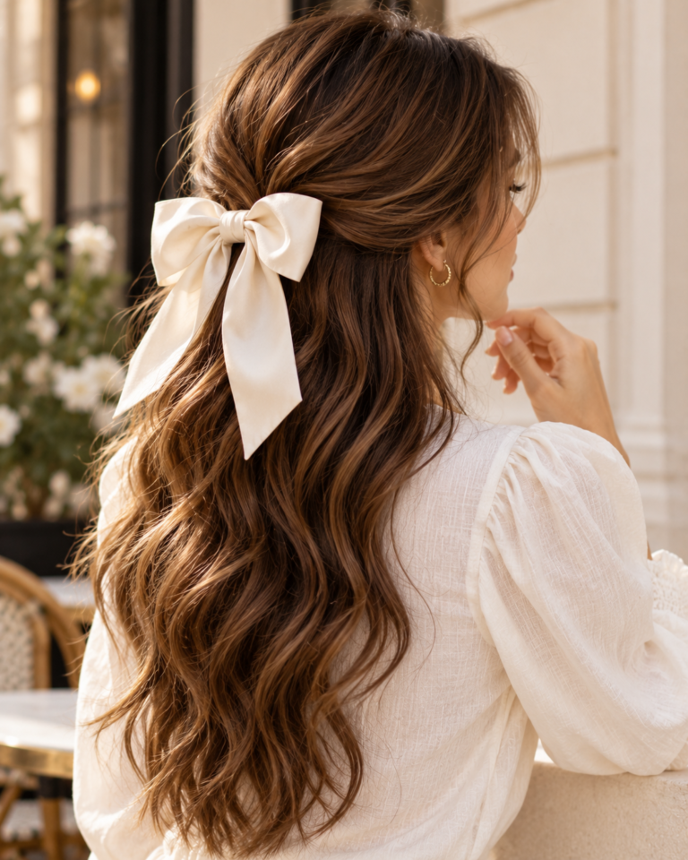 Long wavy half-up hairstyle finished with a cream satin hair bow