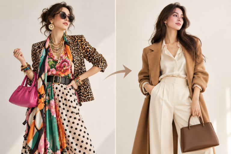 Loud maximalist outfit compared with a refined quiet luxury look in camel, ivory and cream