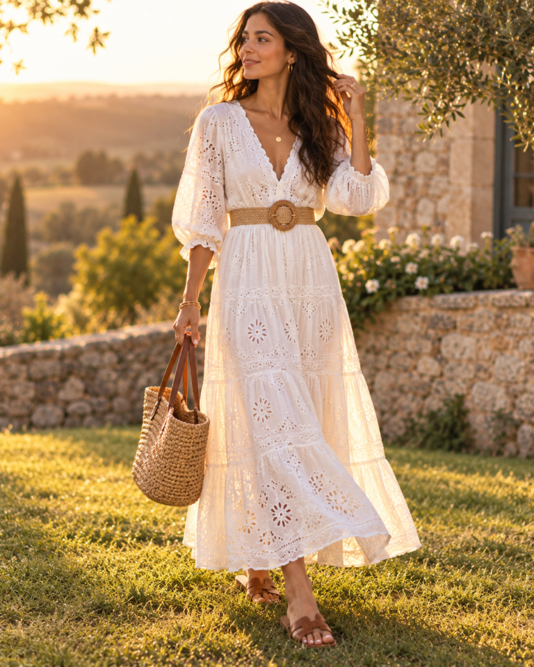 Woman in a white embroidered boho maxi dress with a woven belt at golden hour